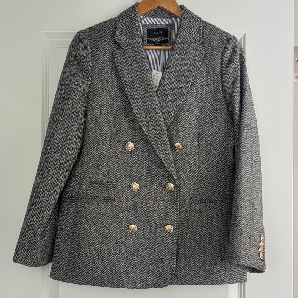 J. Crew Gray Herringbone Double-Breasted Blazer with Gold Buttons